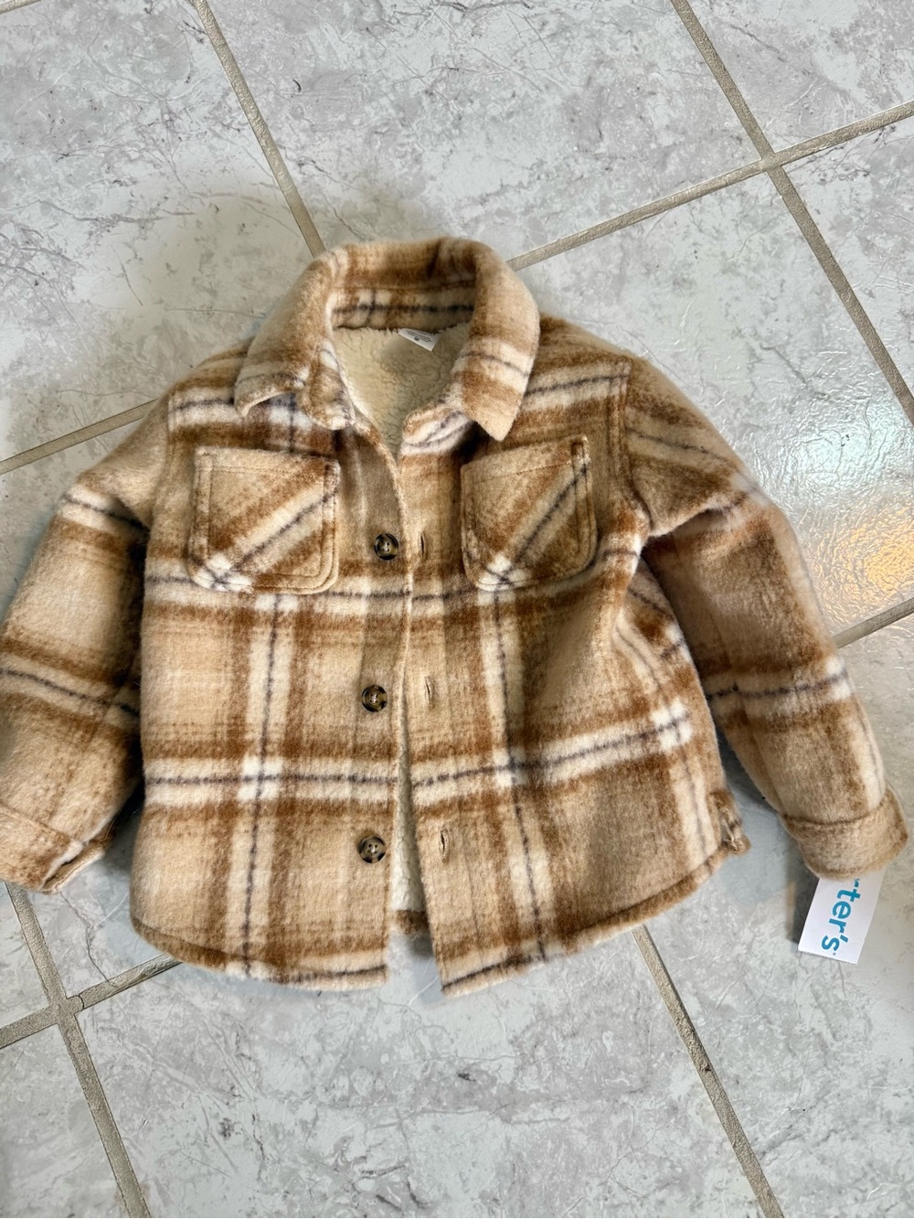 Carters toddler Plaid Sherpa-Lined Jacket - Cream & Brown Shacket size 24 months